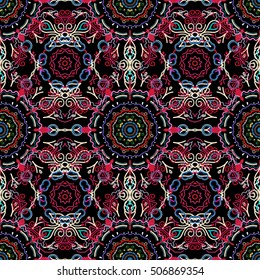 Damask seamless floral pattern in red colors. Royal wallpaper. Abstract flowers on a black background. Vector stylish ornament.