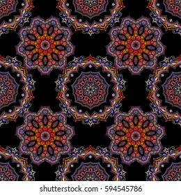 Damask seamless floral pattern in red and pink colors. Vector illustration.