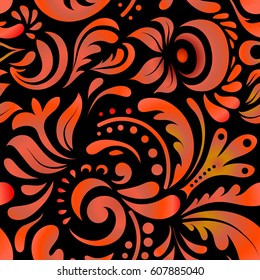 Damask seamless floral pattern in red, yellow and orange colors. Royal wallpaper. Abstract flowers on a black background. Vector stylish ornament.