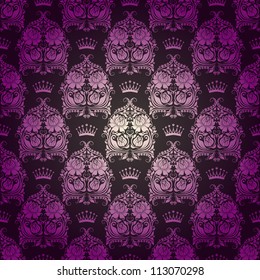Damask seamless floral pattern. Royal wallpaper. Flowers, crowns on a gray background. EPS 10