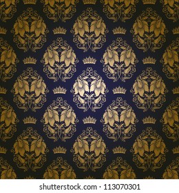 Damask seamless floral pattern. Royal wallpaper. Flowers, crowns on a blue background. Vector illustration. EPS 10