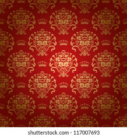 Damask Seamless Floral Pattern. Royal Wallpaper. Flowers And Crowns On A Red Background. EPS 10