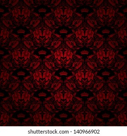 Damask seamless floral pattern. Royal wallpaper. Flowers and crowns on a dark background. EPS 10