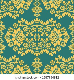 Damask seamless floral pattern. Royal wallpaper. Leaves on a greenbackground. EPS 10.
