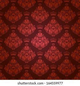 Damask seamless floral pattern. Royal wallpaper. Flowers, crowns on a brown background. EPS 10