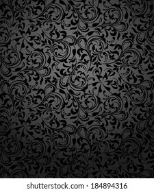 Patrón floral sin fisuras de Damasco. Papel mural real. Flores sobre fondo negro.