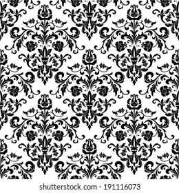 Damask seamless floral pattern. Royal wallpaper. Flowers on a black background.