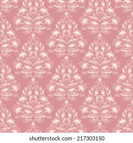 Damask seamless floral pattern. Royal wallpaper. Floral ornaments on a pink background. Vector illustration