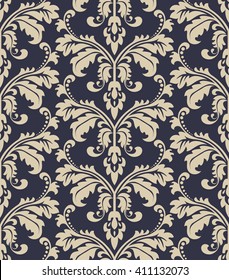 Damask seamless floral pattern. Royal wallpaper. Flowers on a black background. Vector dark blue and gold ornament.