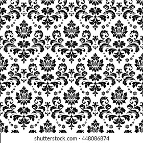 Damask seamless floral pattern. Royal wallpaper. Flowers on a transparent background. Black and white vector ornament.