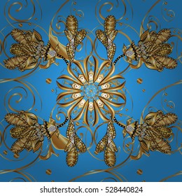 Damask seamless floral pattern. Royal wallpaper. Flowers, crowns on a blue background. Vector illustration. EPS 10