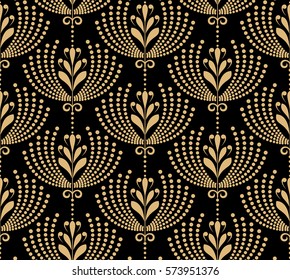 Damask seamless floral pattern. Royal wallpaper. Flowers on a black and gold background. Graphic modern pattern