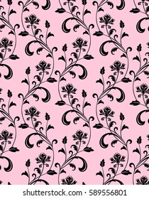 Damask seamless floral pattern. Royal wallpaper. Black flowers on a pink background. Graphic modern pattern.