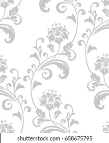 Damask seamless floral pattern. Royal wallpaper. Grey flowers on a white background. Graphic vector modern pattern.