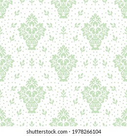 Damask seamless floral pattern in vector. Elegant wallpaper. Fashionable design green shade of Ipressionisam. Beautiful designer polka dot ornament, fresh idea