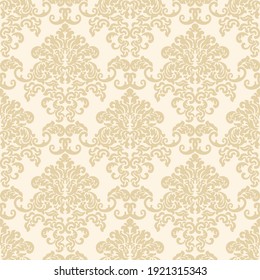 Damask seamless floral pattern. Vintage gold textile ornament in vector, cream wallpaper, fabric. Artistic classic drawing, design element in the interior 