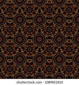Damask seamless floral pattern in yellow, brown and red colors. Vector illustration.