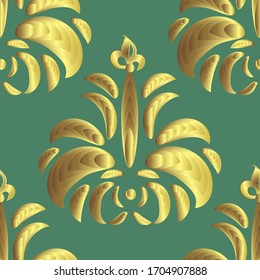 Damask seamless gold floral pattern on a green  background, gold textile