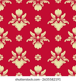 Damask seamless golden floral pattern red background, vintage design, vector illustration elegant for textile, wall paper, bedding, curtains, cushion cover, rug, scarf, upholstery fabric, luxury