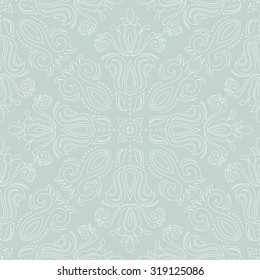 Damask seamless light blue ornament with white outline. Traditional vector pattern. Classic oriental background