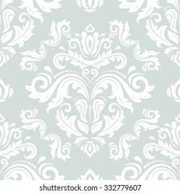 Damask seamless light blue and white ornament. Traditional vector pattern. Classic oriental background