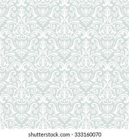 Damask seamless light blue and white ornament. Traditional vector pattern. Classic oriental background