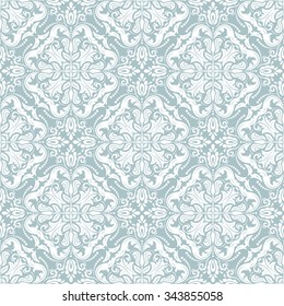 Damask seamless light blue and white ornament. Traditional vector pattern. Classic oriental background