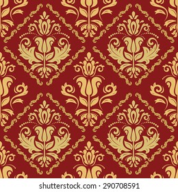 Damask seamless ornament. Fine vector traditional oriental golden pattern with red background