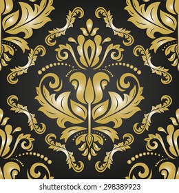 Damask seamless ornament. Fine vector oriental dark background with golden pattern