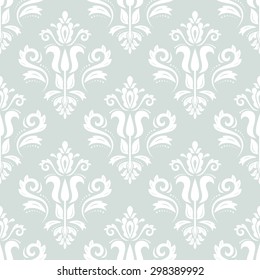 Damask seamless ornament. Fine vector traditional oriental pattern. Light blue and white colors