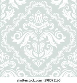 Damask seamless ornament. Fine vector traditional oriental pattern. Light blue and white colors