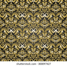 Damask seamless ornament. Fine vector traditional oriental black and golden pattern.