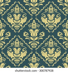 Damask seamless ornament. Fine vector traditional oriental pattern. Blue and golden colors