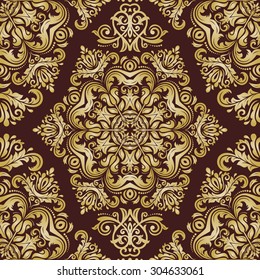 Damask seamless ornament. Fine vector traditional oriental brown and golden pattern