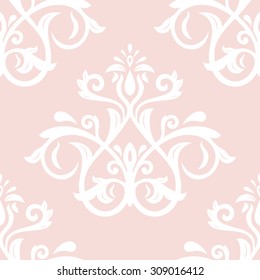 Damask seamless ornament. Fine vector traditional oriental pink and white pattern