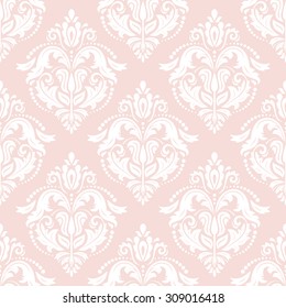Damask seamless ornament. Fine vector traditional oriental pattern. Pink and white background