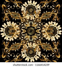 Damask seamless ornament. Traditional vector and golden pattern. Classic oriental pattern over black, brown and yellow colors.