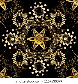 Damask seamless ornament. Traditional vector and golden pattern. Classic oriental pattern over black, brown and beige colors.