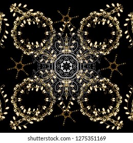 Damask seamless ornament. Traditional vector and golden pattern. Classic oriental pattern over gray and black colors.