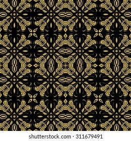 Damask seamless ornament. Traditional vector pattern. Classic oriental black and golden background