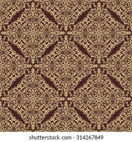 Damask seamless ornament. Traditional vector pattern. Classic oriental brown and golden background
