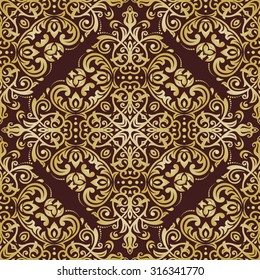 Damask seamless ornament. Traditional vector brown and golden pattern. Classic oriental background
