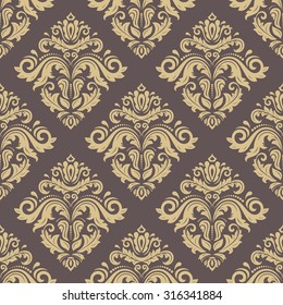 Damask seamless ornament. Traditional vector pattern. Classic oriental brown and golden background