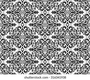 Damask seamless ornament. Traditional vector pattern. Classic oriental black and white background