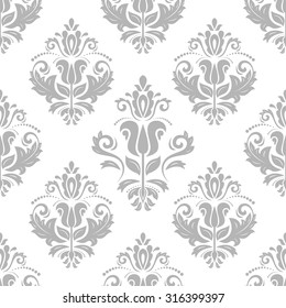 Damask seamless ornament. Traditional vector pattern. Classic oriental silver background