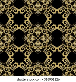 Damask seamless ornament. Traditional vector black and golden pattern. Classic oriental background