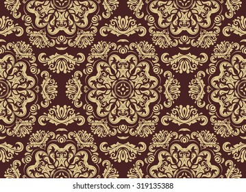 Damask seamless ornament. Traditional vector pattern. Classic oriental brown and golden background