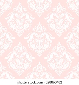 Damask seamless ornament. Traditional vector pattern. Classic oriental pink and white background