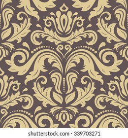 Damask seamless ornament. Traditional vector pattern. Classic oriental brown and golden background