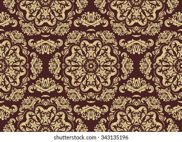 Damask seamless ornament. Traditional vector brown and golden pattern. Classic oriental background
